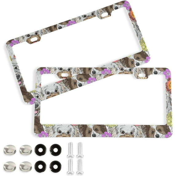 GZHJMY Cute Puppy Dog Pomeranian Papillon Flower License Plate Frames for Women Men 2 Pcs Personalized Car License Plate Holder with Screw Caps, Round Hole Decorative