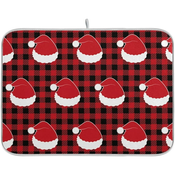 GZHJMY Cute Santa's Hat Plaid Christmas Absorbent Dish Drying Mat Microfiber Large Kitchen Countertop Table Protector Multi-Purpose Counter Rack Sink Drainer Pad (16” x 18”)