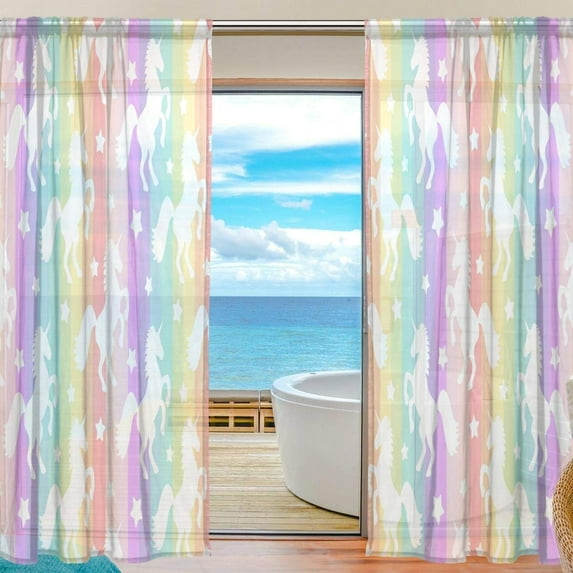 GZHJMY Cute White Unicorns On Rainbow Colorful Stripes Sheer Curtains Window Voile Panels Drapes Tulle Curtains, Semi Sheer Curtains 84 Inches Long for Living Room Bedroom, Set of 2 Home Decor