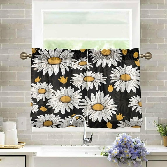 GZHJMY Daisy Half Window Tier Curtains 24 Inch Blackout Thermal Insulating Kitchen Linen Tier Curtains for Kitchen,Bathroom,Cafe