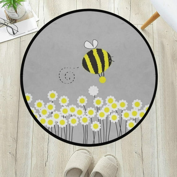 GZHJMY Daisy Honeybee Anti Fatigue Round Area Rug, Bee Non Slip Absorbent Comfort Round Rug Floor Carpet Yoga Mat for Entryway Living Room Bedroom Sofa Home Decor (3' in Diameter)
