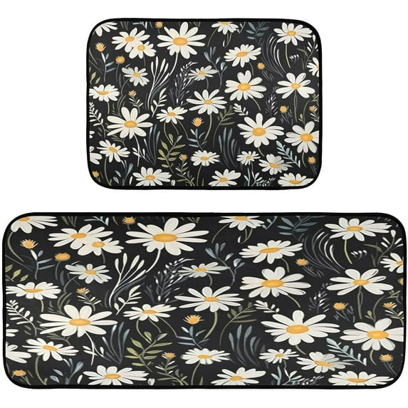 GZHJMY Daisy Pattern Kitchen Rug Set of 2 Non Slip Washable Cushioned Anti-Fatigue Kitchen Mat Comfort Standing Floor Mat for Kitchen Washroom Bedroom Carpet Runner