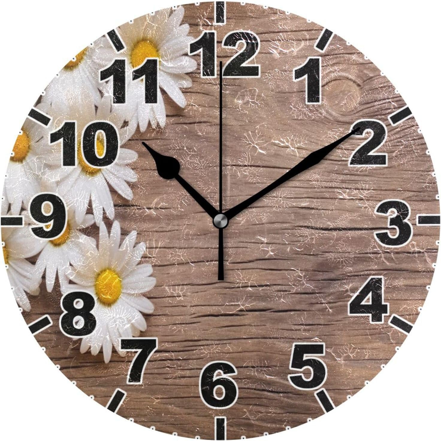 GZHJMY Daisy on Wood Round Wall Clock, Battery Operated Silent Non ...