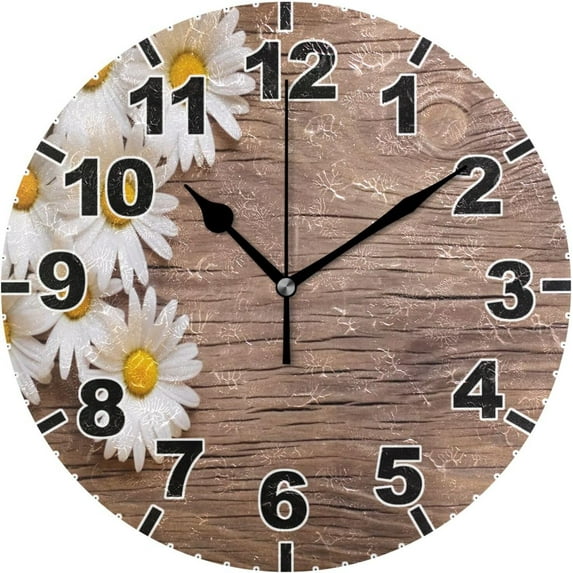 GZHJMY Daisy on Wood Round Wall Clock, Battery Operated Silent Non Ticking Desk Clock for Home Bedroom Kitchen Office School Decor Wall Clock 9.9 Inch