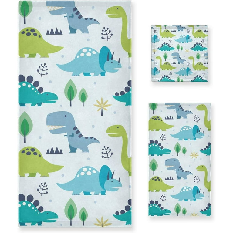 GZHJMY Dinosaur Bath Towel Set of 3 Absorbent Soft Bathroom Towel with Hand Towel Washcloth for Hotel Beach Gym and Spa