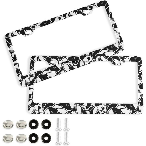 GZHJMY Dog Head French Bulldog Puppy Face License Plate Frames for Women Men 2 Pcs Personalized Car License Plate Holder with Screw Caps, Elliptical Hole Decorative