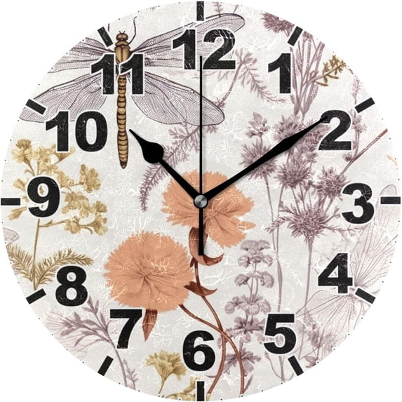 GZHJMY Dragonfly in Flower Round PVC Wall Clock, Battery Operated Silent Non Ticking Desk Clock for Home Bedroom Kitchen Office School Decor Wall Clock 9.9 Inch