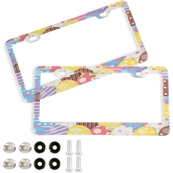 GZHJMY Easter Eggs License Plate Frames, License Plate Covers, 2 Packs Universal Aluminum Tag Frame with 2 Holes & Screw Caps for Front and Rear Car Tags, Elliptical Hole Decorative