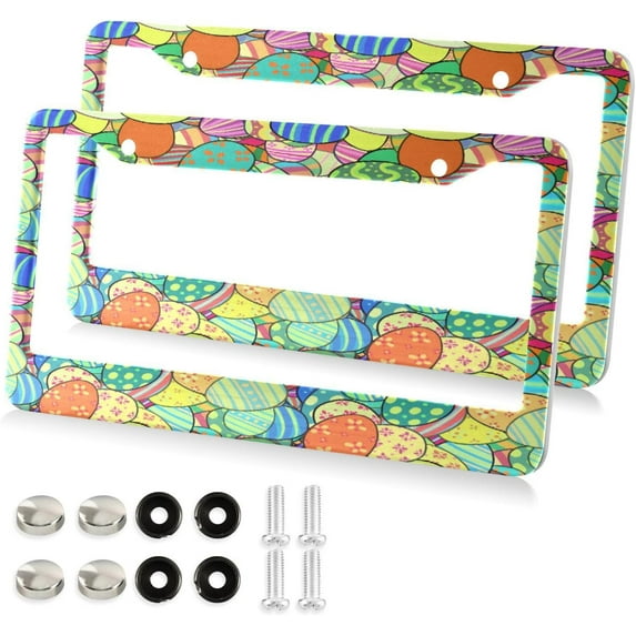 GZHJMY Easter Eggs License Plate Frames, License Plate Covers, 2 Packs Universal Aluminum Tag Frame with 2 Holes & Screw Caps for Front and Rear Car Tags, Round Hole Decorative