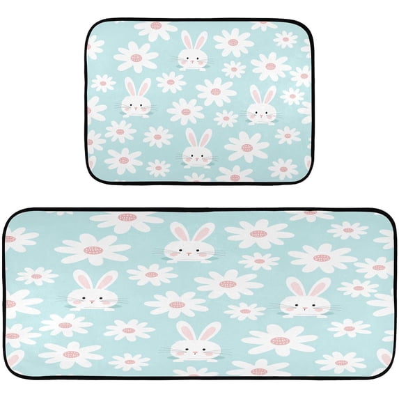 GZHJMY Easter Rabbit and Daisy Flower Kitchen Mat - Cushioned Anti Fatigue Kitchen Rug Set of 2, Non Slip Waterproof Kitchen Mats for Kitchen, Sink, Office 19.7"×27.6"+19.7"×47.2" Carpet Runner