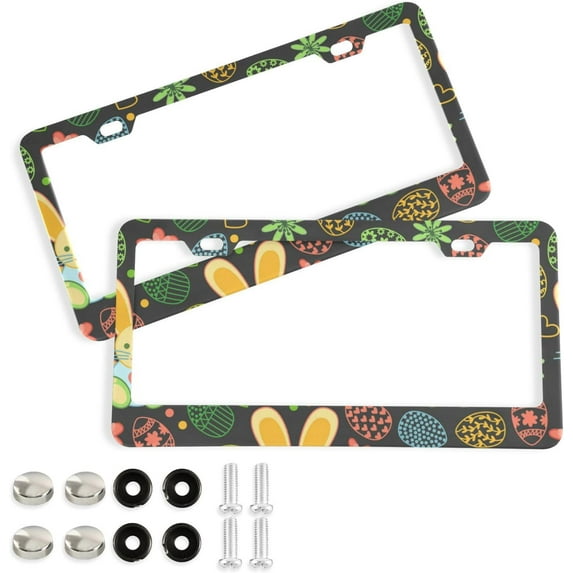 GZHJMY Easter Rabbit License Plate Frames 2pcs, Waterproof Aluminum Alloy Front Rear Tag Car License Plate Cover with Screw Cap Set for US Vehicles, 12 x 6 Inch