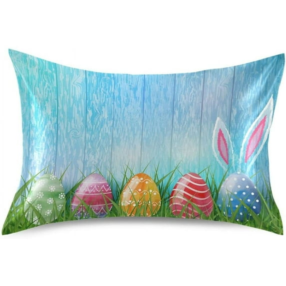 GZHJMY Easter Standard Satin Pillowcase Colorful Eggs and Cute Rabbit Eara Pillow Case Cover Home Bedding Smoothy Ultra Soft Pillow Cover Rectangle Bedding Deco Home Decor
