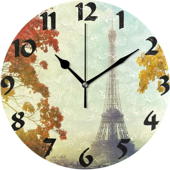 GZHJMY Eiffel Tower Wall Clock,Silent Non Ticking 10 Inch Battery Operated Round PVC Wall Clocks for Kitchen,Home,Bedrooms,Office Decor