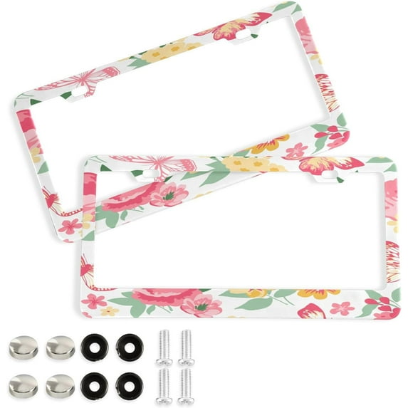GZHJMY Elegant Butterfly Floral License Plate Frames Set of 2, Universal Aluminum License Plate Holders 2 Holes Car Tag Frames Automotive Exterior Accessories with Screw Caps Decorative