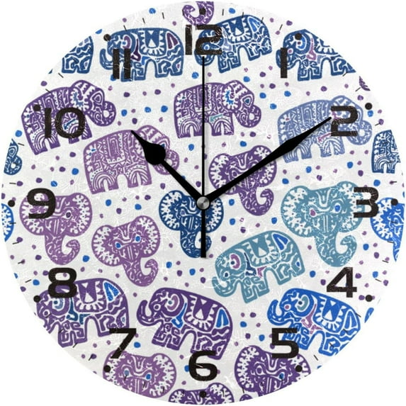 GZHJMY Elephant Tribal Wall Clock, Silent Non Ticking Battery Operated Creative Decorative Round Clock for Kitchen, Living Room, Bathroom, Home School Office Decor, 10 Inch