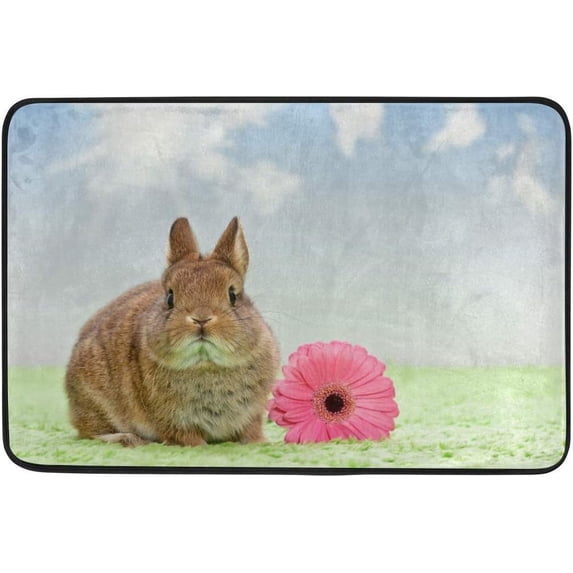 GZHJMY Entrance Doormat Baby Rabbit Bunny Daisy Flower On Grass Bright Sunshine Blue Sky Indoor Door Mat Rug Non-Slip Doormat 23.6x15.7 Inch Interlayer Polyester Machine Washable Polyester Fabric