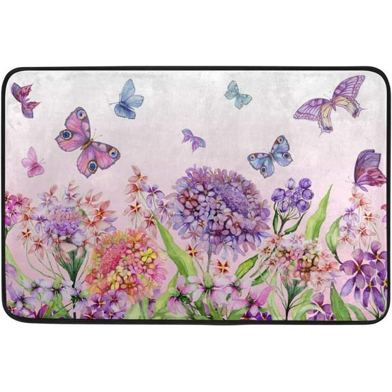 GZHJMY Entrance Doormat Watercolor Floral Summer Iberis Hydrangea Flower Butterfly On Pink Indoor Door Mat Rug Non-Slip Doormat 23.6x15.7 Inch Interlayer Polyester Machine Washable Polyester Fabric