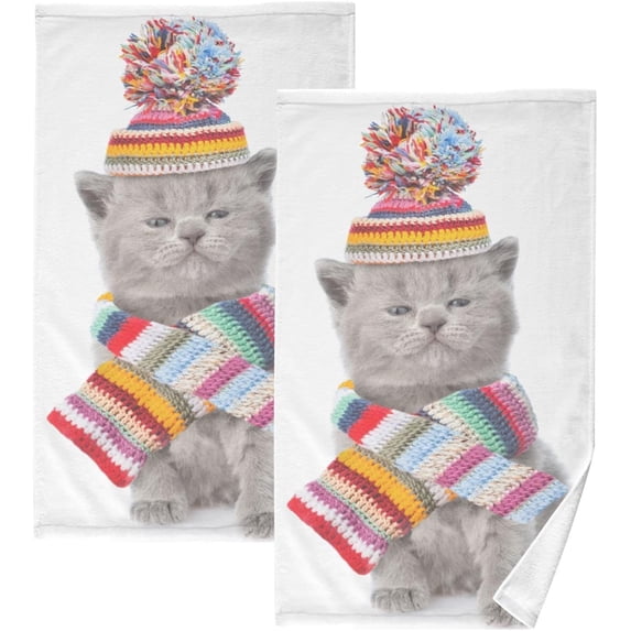 GZHJMY Face Hand Towel Set Cute Kitten Wearing A Scarf and Warm Hat Washcloth Washcloths, Quick-Dry Highly Absorbent Bath Towel- Pack of 2