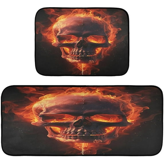 GZHJMY Fire Skull Kitchen Rug Set of 2 Non Slip Washable Cushioned Anti-Fatigue Kitchen Mat Comfort Standing Floor Mat for Kitchen Washroom Bedroom Carpet Runner