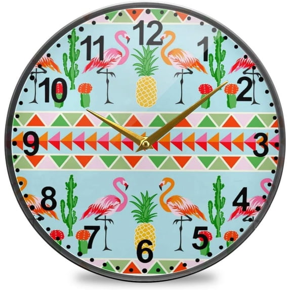 GZHJMY Flamingo with Pineapple Cactus Pattern Wall Clock Silent Non Ticking 9.5 Inch Round Easy to Read for Home Office School Clock