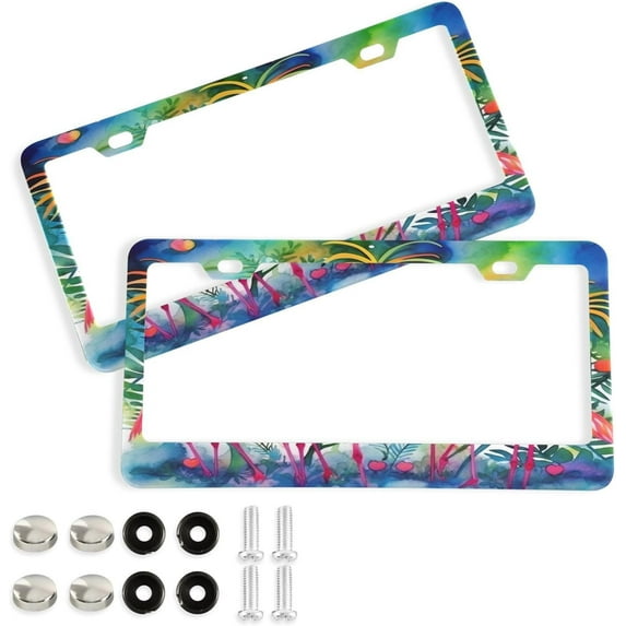 GZHJMY Flamingos Palm License Plate Frames Set of 2, Universal Aluminum License Plate Holders 2 Holes Car Tag Frames Automotive Exterior Accessories with Screw Caps Decorative