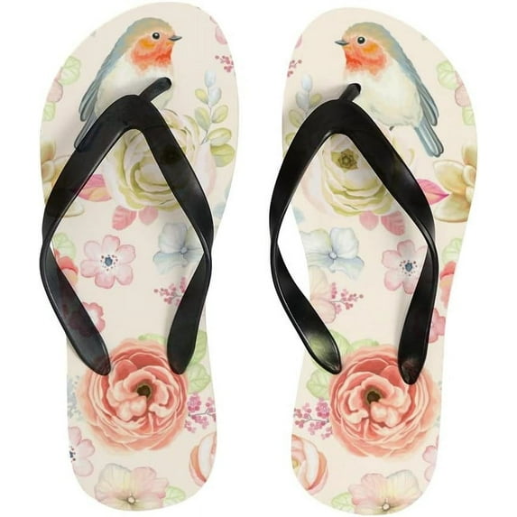 GZHJMY Flip Flops Slippers Beige Robin Birds Roses Floral Flowers Sandals for Beach Summer Shower Women Men Boy Girl Kid Shoes