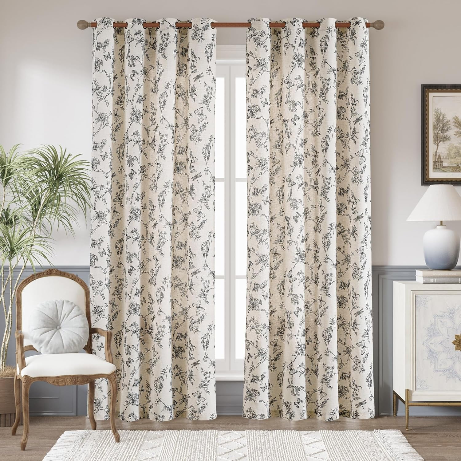 Natural Linen Floral Semi-Sheer Curtains - Farmhouse Style Rod Pocket Drapes, 84 Inch Length (2 Panels) - View #12