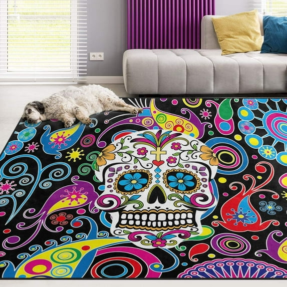 GZHJMY Floral Skull Area Rug 2'x3', Colorful Paisley Flower Polyester Area Rug Mat for Living Dining Dorm Room Bedroom Home Decorative