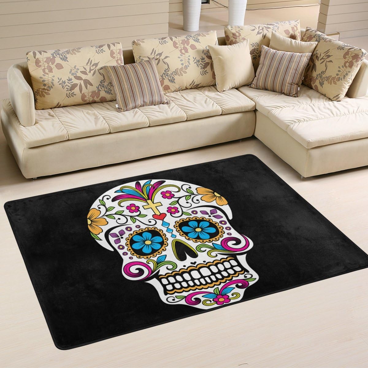 GZHJMY Floral Skull Area Rug 4'x6', Mexican Skull Day of The Dead ...