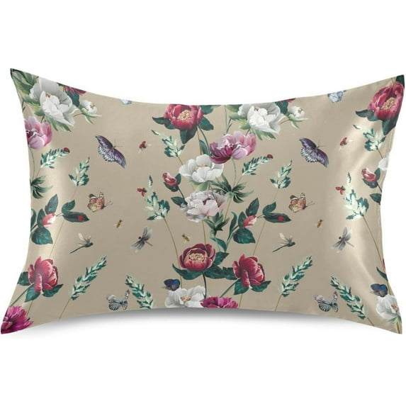 GZHJMY Flower and Butterfly Satin Pillowcase for Hair and Skin, Soft and Cozy Cooling Smooth Pillow Cover with Envelop Closure, Standard Size 20x26in Home Decor