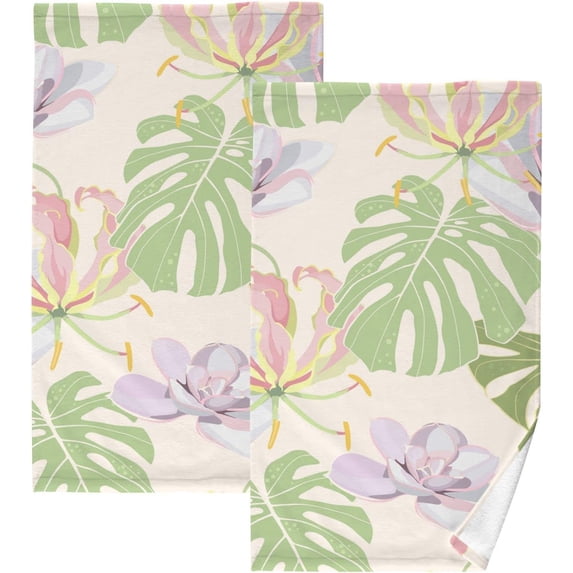 GZHJMY Flower Monstera Leaves Cotton Towels Set 2 Pcs Absorbent Hand Towel Face Towels Kitchen Towels Bath Towels for Bathroom Laundry Room Kitchen 16 x 28 Inches
