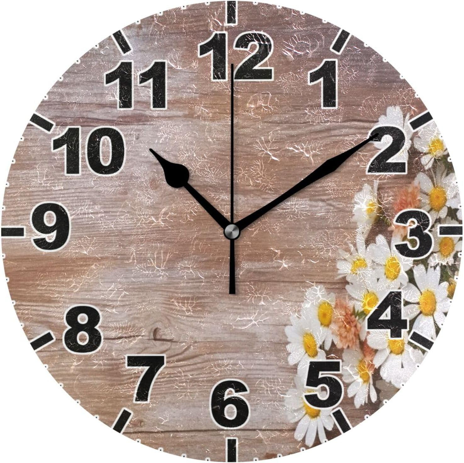 GZHJMY Flowers on Wooden Round Wall Clock, Battery Operated Silent Non ...