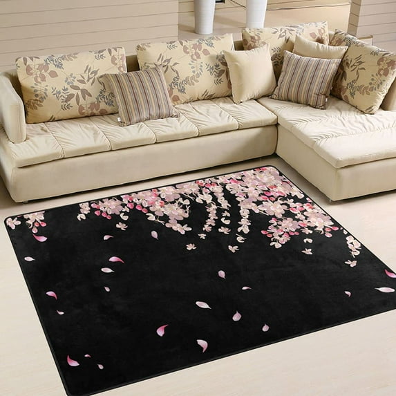 GZHJMY Flying Cherry Blossom Petals Flower Japanese Black Area Rug Living Room Rugs - 5'3" x4 Abstract Large Soft Indoor Washable Rug Low Pile Carpet for Bedroom Dining Room Office Carpet Runner