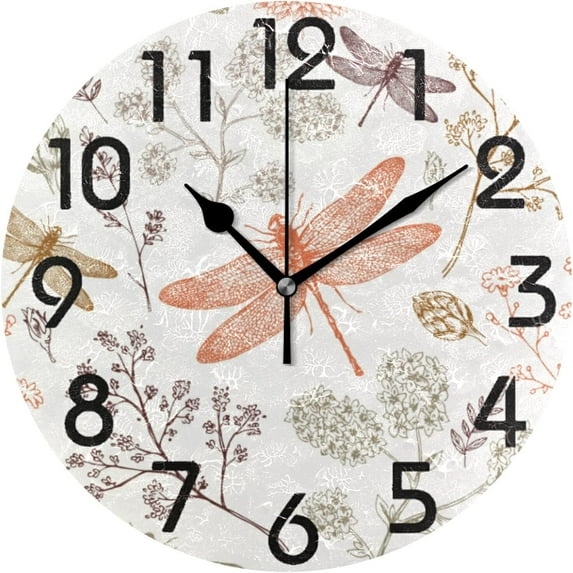 GZHJMY Fresh Dragonfly Flowers Round Wall Clock, 9.5 Inch Battery Operated Quartz Analog Quiet Desk Clock for Home,Office,School,Kitchen