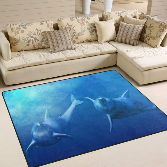 GZHJMY Funny Dolphin Non Slip Area Rug for Living Dinning Room Bedroom Kitchen, 4' x 5'(48 x 63 Inches / 120 x 160 cm), Ocean Dolphin Nursery Rug Floor Carpet Yoga Mat