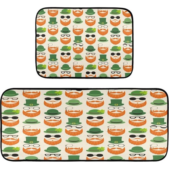 GZHJMY Funny Leprechuan Shamrock Clover Leaves Irish Hat Kitchen Rugs Door Mat 2PCS,Carpet Front Entrance Non-Slip Relieve Fatigue Washable Floor Mat for St. Patrick's Day