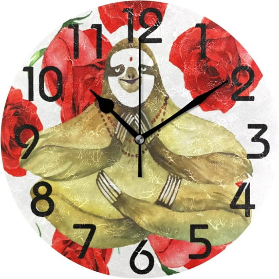 GZHJMY Funny Yoga Sloth Red Rose Print Round Wall Clock, 9.5 Inch Battery Operated Quartz Analog Quiet Desk Clock for Home,Office,School,Kitchen