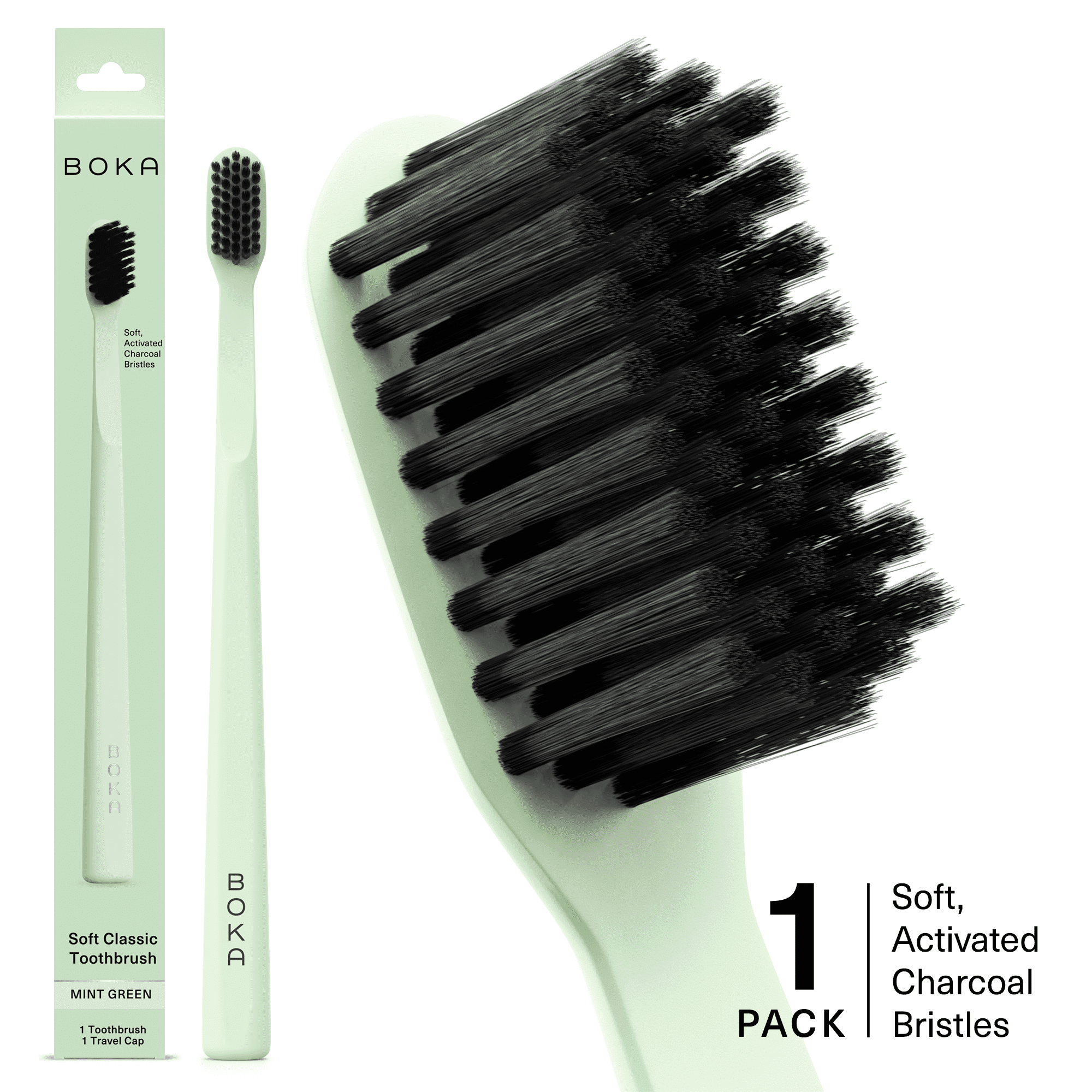 Boka Activated Charcoal Soft Bristle Toothbrush, Mint Green, 1 Pack