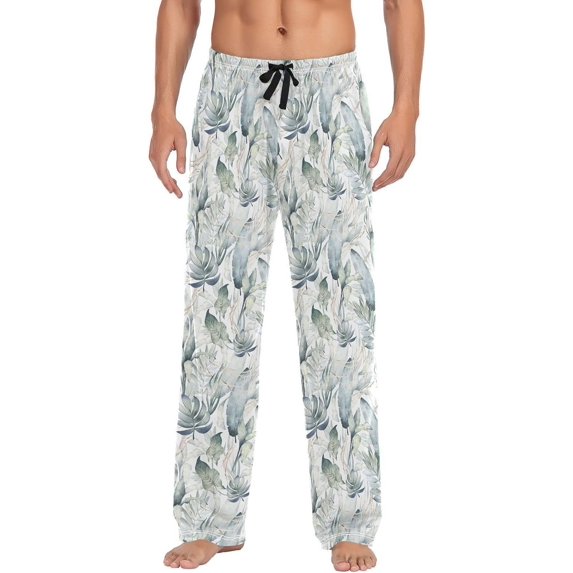 GZHJMY Green Leaves Feather Men's Pajama Pants, Soft and Comfortable Lounge Sleep Bottoms with Pockets, Men's Sleepwear with Custom Print, XX-Large