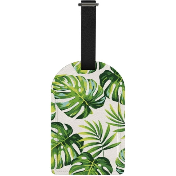 GZHJMY Green Summer Palm Seamless Luggage Tags 1 Piece, PU Leather Travel ID Label with Privacy Name Card Cover for Travel Bag Suitcase Decoration