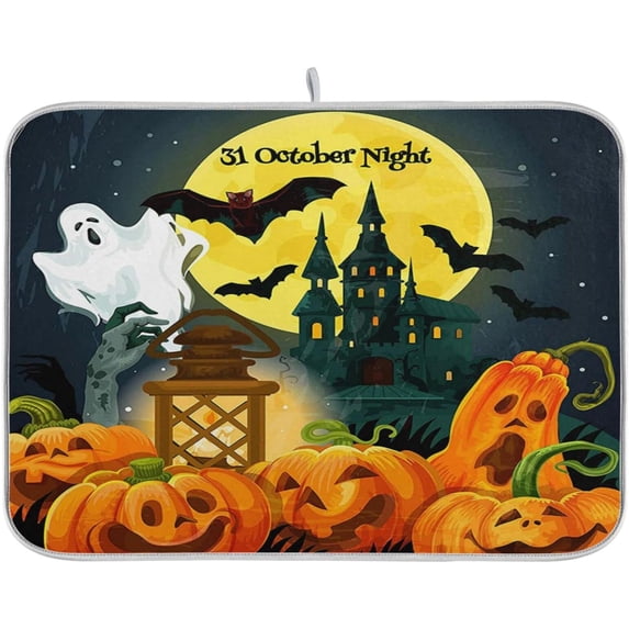 GZHJMY Halloween Haunted House Bats Pumpkin 16 x 18 Inches Absorbent Dish Drying Mat Microfiber Kitchen Countertop Table Protector Decor Counter Rack Sink Drainer Pad