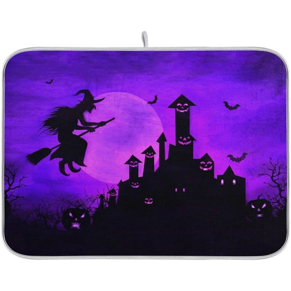 GZHJMY Halloween Night Flying Witch Absorbent Dish Drying Mat Microfiber Kitchen Countertop Table Protector Multi-Purpose Counter Rack Sink Drainer Pad (16" x 18")