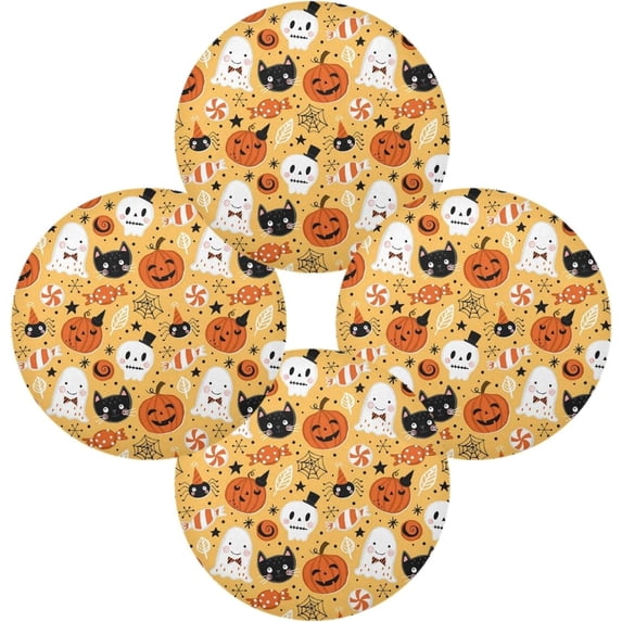 GZHJMY Halloween Pumpkin Skeleton Pattern Round Placemats, Durable Non-Slip Table Mat Heat and Stain Resistant Placemat for Kitchen Table Outdoor BBQ Activities, 4PCS