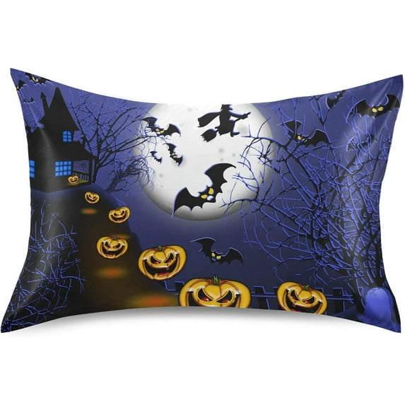GZHJMY Halloween Satin Pillowcase for Hair and Skin,Halloween Full Moon Night Pumpkin Soft Silk Pillow Cases No Zipper, Pillow Cover with Envelope Closure,King Size 20x40 inch Home Decor