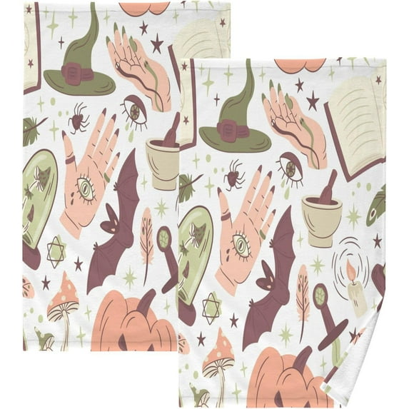 GZHJMY Halloween Witch Cotton Hand Towel Set of 2, Highly Absorbent Soft Fingertip Towels for Bathroom Kitchen Hotel Gym Spa, 16 x 28 Inch Washcloths