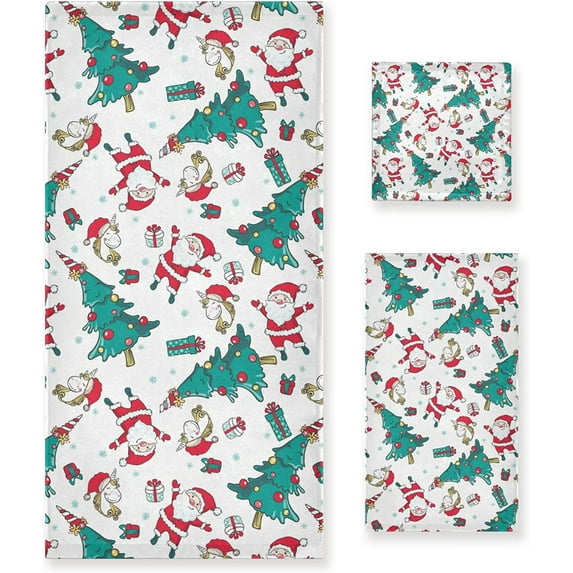 GZHJMY Hand Drawn Unicorn Santa Christmas Tree Pattern Soft Decorative Set of 3 Towels, 1 Bath Towel+1 Hand Towel+1 Washcloth, Multipurpose for Bathroom, Hotel, Gym, Spa and Kitchen