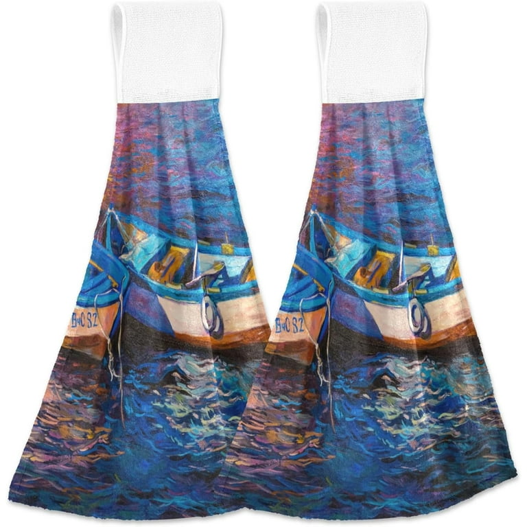 GZHJMY Hanging Kitchen Towel, 12 x 17 Fishing Boat Oil Painting Towel, 2  Pieces Dry Towels for Kitchen, Bathroom, Laundry Room Table 