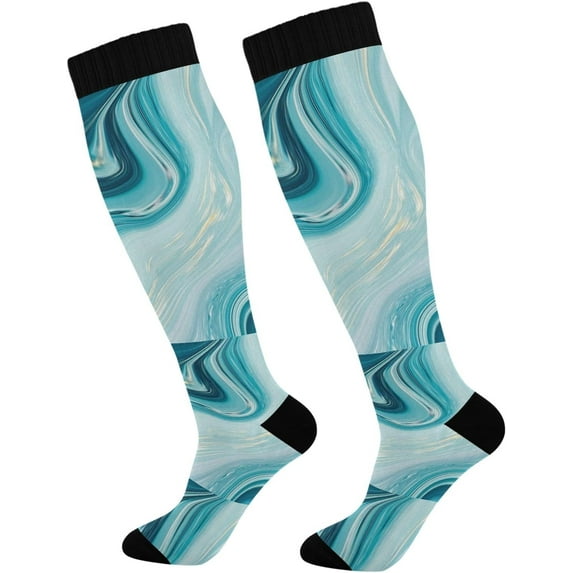 GZHJMY High Elasticity Compression Socks, High Knee Socks Adult Universal Leisure Relieve Fatigue,Blue Abstract Marble Travel Daily with Running (2 Pair)