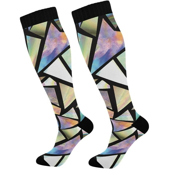 GZHJMY High Elasticity Compression Socks, High Knee Socks Adult Universal Leisure Relieve Fatigue,Iridescent Triangles Abstract Travel Daily with Running (1 Pair)