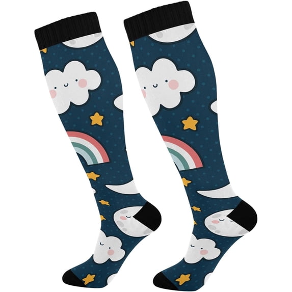 GZHJMY High Elasticity Compression Socks, High Knee Socks Adult Universal Leisure Relieve Fatigue,Moons Clouds Rainbows Travel Daily with Running (1 Pair)